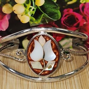 #2564, VTG ALPACA MEXICO STERLING SILVER, MOTHER OF PEARLS CUFF  6.5"IN 